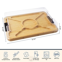 Plateau de service rectangulaire en bambou gravé avec couvercle transparent, grande planche à collation divisée avec poignées, style européen, planche à charcuterie en bois