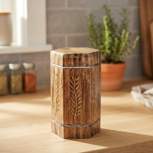 Wooden Cremation Urn Carved Leaf Design Natural Finish Hexagonal <b>Memorial</b> <b>Box</b> for Adult Commemoration - Product Image 4