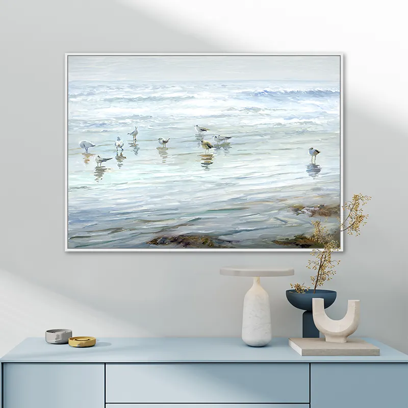 Khung nghệ thuật vẽ tay trừu tượng Vải Khung Tranh phong cảnh biển sơn dầu vải kết cấu màu xanh biển sóng