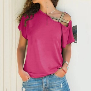 Hot <span class=keywords><strong>Sale</strong></span> Frauen Oblique Shoulder Crossing Unregelmäßigkeit Bluse Kurzarm Sommer Damen Shirts - Product Image 4