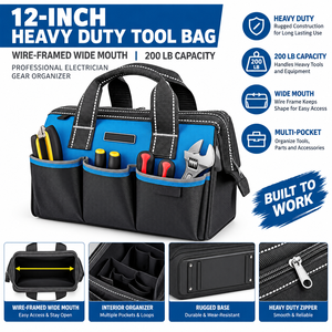Sac à outils robuste de 12 pouces, à large ouverture avec cadre métallique et capacité de 200 lb, organisateur d'équipement professionnel pour électriciens - Product Image 1