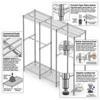 Porte-vêtements commercial en fil chromé avec étagères multiples, double barre de suspension, robuste, autoportant, pour présentation de vêtements