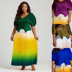 Dégradé femmes nouvel ensemble à manches courtes col en V hauts et jupes longues plissées costume rue deux 2 pièces robe ensemble tenues africaines - Product Image 1