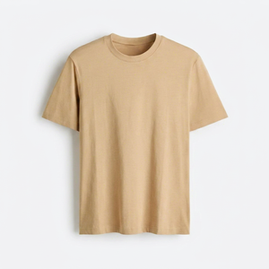 Camiseta de algodón lavado informal para hombre, color beige sólido, manga corta, cuello redondo, con logo personalizado, corte regular, estilo vintage. - Product Image 1