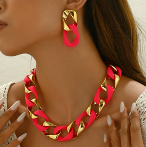 Ensemble collier et boucles d'oreilles en acrylique mat, maillons cubains carrés, pour femme, style hip-hop, bijoux et accessoires color block - Product Image 3