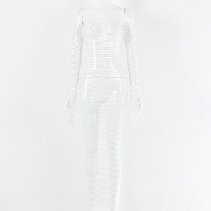 Vestido de red con pedrería para mujer, estilo europeo-americano, sexy, cuello redondo, manga larga, falda larga con abertura, translúcido, para discoteca - Product Image 4