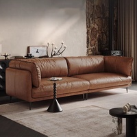 Canapé en cuir véritable ciré à l'huile, style minimaliste italien, compact et vintage, ensemble de meubles de salon à lignes droites pour hôtels