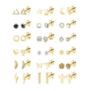 Lot <span class=keywords><strong>de</strong></span> 9/18 paires <span class=keywords><strong>de</strong></span> clous d'oreilles hypoallergéniques en acier inoxydable 316L à dos plat pour cartilage, calibre 20G, R.GEM. Bijoux - Product Image 1