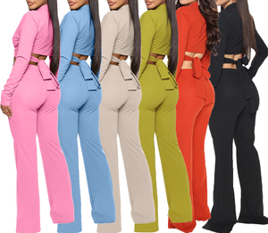 ZHEZHE 2024 nouveau printemps pansement haut court 2 pièces <span class=keywords><strong>ensemble</strong></span> couleur unie femmes <span class=keywords><strong>ensemble</strong></span> col <span class=keywords><strong>tailleur</strong></span> haut et pantalon fendu <span class=keywords><strong>ensemble</strong></span> - Product Image 1