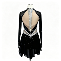 Robe de patinage artistique noire et argentée avec strass, manches longues, en maille, pour enfants et adultes, tenue de compétition sur glace