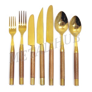 Ensemble de couverts de luxe brillant doré avec manche en bois et embout doré, couverts en acier inoxydable de qualité supérieure pour hôtel, mariage, restaurant - Product Image 2