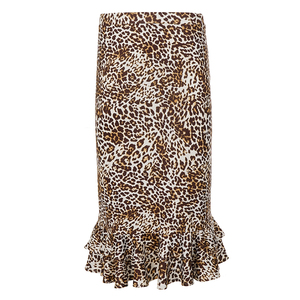 Womens Leopard Print A-Line Midi <b>Skirt</b> Ruffled Hem Fall Retro Slimming <b>Flared</b> High Waist Polyester 220g Elegant Casual - Product Image 5
