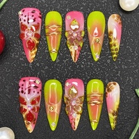 Ongles artificiels 100% faits à la main, qualité salon, réutilisables, à presser, glamour, en gel UV, motif floral sculpté, manucure faite à la main