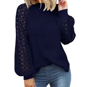 2024 nueva moda Europa gran oferta cuello redondo encaje ahueca hacia fuera manga larga suéter suelto primavera otoño Tops blusa Casual camiseta