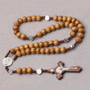 ลูกประคำคาทอลิกพร้อมจี้ไม้กางเขน เครื่องประดับทางศาสนา จี้นักบุญเบเนดิกต์ จี้รูปพระเยซู ลูกปัดไม้ขนาด 10 มม. ลูกประคำทำมือ ขายส่ง - Product Image 2