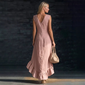 Vestido Maxi de Verano para Mujer, Tallas Grandes, Sin Mangas, Cuello en V, con Volantes en el Bajo, Asimétrico, de Algodón y Lino, Dropshipping Shopify - Product Image 3