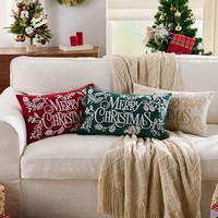 Housse de coussin lombaire brodée Joyeux Noël en chenille, motif floral de pin, pour canapé, décoration de Noël et de la maison