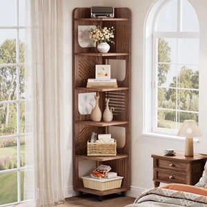 Étagère d'angle moderne en bois SENYU avec 5 étagères ouvertes, design gain de place pour salon, meuble de rangement autoportant - Product Image 5