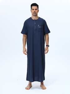 Thobe en coton bleu marine pour homme, manches courtes, longueur au sol, col rond, coupe ample, décontracté, à porter tous les jours, toutes saisons, couleur unie - Product Image 1