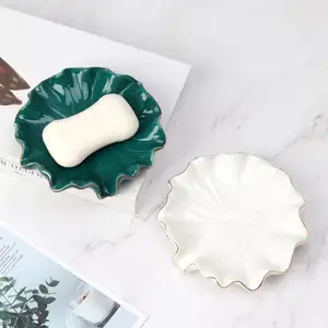 Jabonera Saboneteira Luxury Bathroom Accessories Leaf Shape Ceramic Drain Shower Soap Tray Dish Storage Soap Holder
