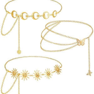 โซ่คาดเอวโลหะลายดวงอาทิตย์สำหรับผู้หญิง แฟชั่นสำหรับงานปาร์ตี้ โซ่ประดับร่างกาย ทำจากโลหะผสมสังกะสี ดีไซน์แบบพันรอบเส้นเดียว - Product Image 3