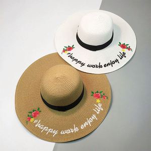 Factory Wholesale Floable Natural <b>Flat</b> Brim Straw <b>Hat</b> Handmade Embroidery Straw <b>Hat</b> - Product Image 1