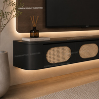Mueble de TV Flotante Curvo Estilo Japandi Cinewall con Puertas con Relieve 3D y Panel de Pared con Retroiluminación LED Moderno