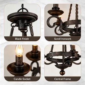 Lampadario Rustico Ovale in Ferro Battuto <span class=keywords><strong>a</strong></span> <span class=keywords><strong>3</strong></span> Luci, Stile Vintage con Motivo <span class=keywords><strong>a</strong></span> Spirale, Finitura Scura Forgiata, per Sala da Pranzo, Villa, Stile Rustico/Country - Product Image 3