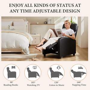 Sillón Reclinable Manual de Tela Negra Moderna, Estructura de Hierro, Soporte Lumbar Ajustable, Sofá Seccional con Patas de Madera Sólida para Sala de Estar - Product Image 4