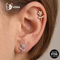 Anting-anting stud titanium VORA G23 F136 Flatback Tragus dengan ulir dalam, zircon, untuk tulang rawan helix, motif bunga, untuk anak-anak.