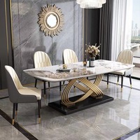 Ensemble de table et chaises de salle à manger rectangulaire moderne de luxe avec plateau en marbre, 4 à 6 places, design italien en métal doré pour salle à manger et cuisine