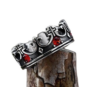 yunnique Crown <b>Cross</b> <b>Ring</b> Stainless Steel Unisex Viking Style Red Gemstone Jewelry Gift - Product Image 5