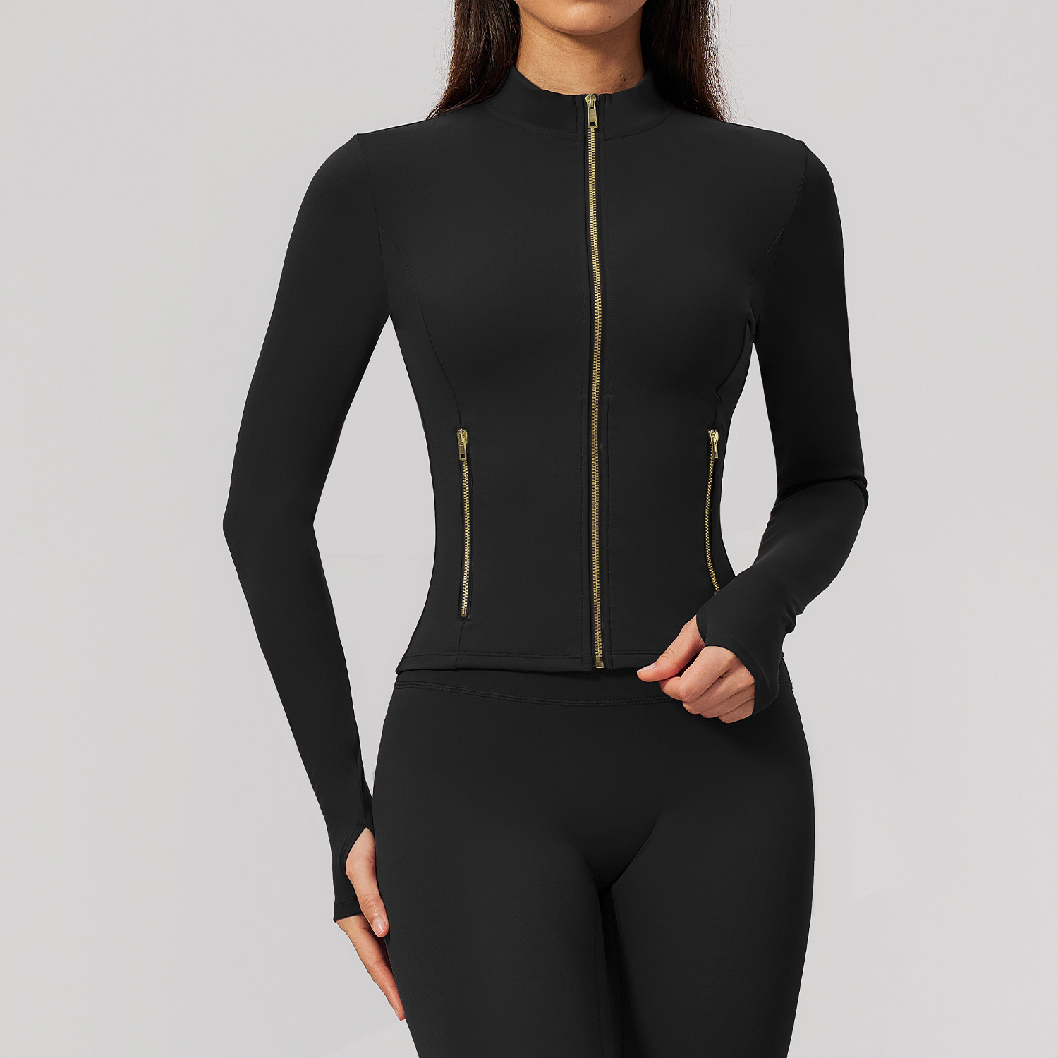 Zip-Up Activewear Set (5529): side profile showing stretch, rise and leg-opening fit