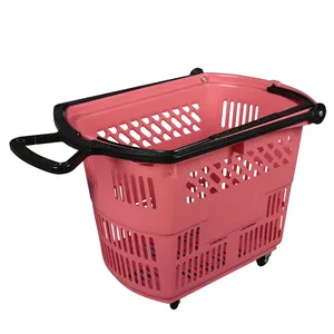 Multi Color Single Handle Eco-Friendly Plastic Durable Supermarket Shopping Rolling Basket with Wheels