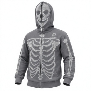 Men’s Grey <b>Skeleton</b> Rhinestone Hoodie with <b>Full</b> Zip Balaclava Mask, Crystal Skull Bone Pattern, Gothic Hip Hop Streetwear Jacket - Product Image 1