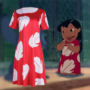 Vestido de cosplay Star's Edge Lilo, disfraz de poliéster de manga corta con estampado de hojas rojas - Product Image 1