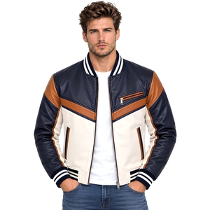 Chaqueta Bomber de Cuero PU para Hombre con Bloques de Color, Cierre de Cremallera, Cuello Vuelto, Estilo Casual Urbano para Otoño - Product Image 1