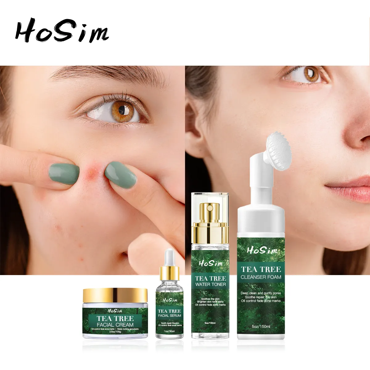 Traitement de l'acné Ensemble de soins de la peau à l'arbre à thé Crème pour le visage Acné Sérum Nettoyant Mousse Toner Brume Traitement de l'acné Ensemble de soins de la peau