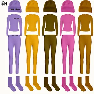 Embroidered Logo Solid Color Beanies Women Two Piece Lounge Wear Set Y2K cotton ribbed long sleeve and leggings for outwork