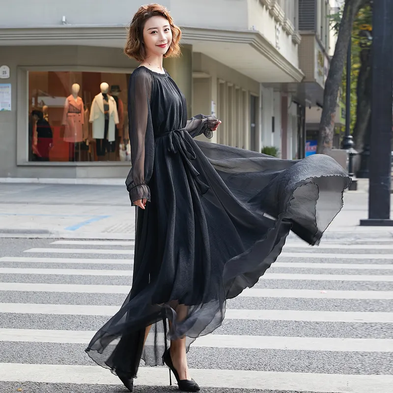 2021 새로운 도착 패션 디자이너 블랙 맥시 드레스 여성 긴 소매 간단한 빈티지 긴 드레스 가운 공식 파티 드레스