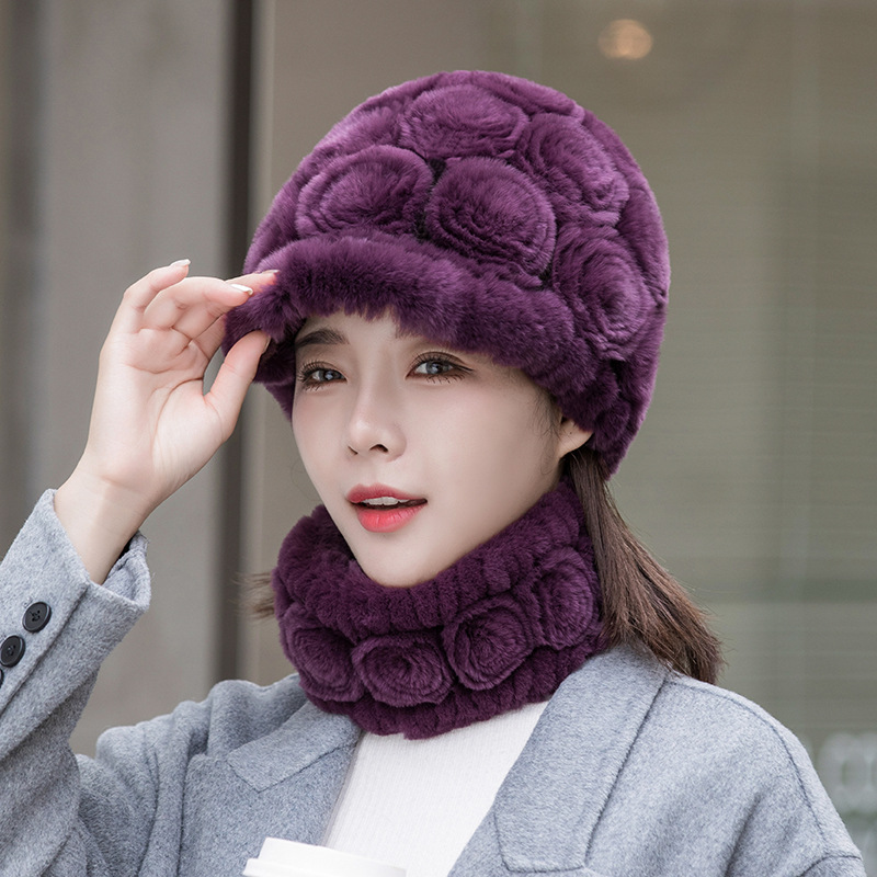 New Ladies Rex Rabbit Knitted Cap Winter Warm And Thick Rose Fur Hat And Scarf