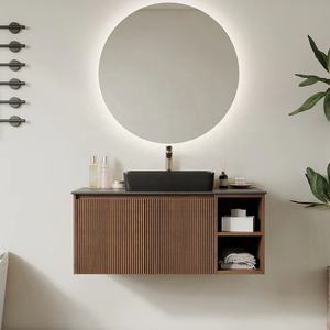 Set Mobile <span class=keywords><strong>Bagno</strong></span> Cavio Moderno con Specchio Intelligente e Scarico <span class=keywords><strong>in</strong></span> Rame, Armadietto a Parete <span class=keywords><strong>in</strong></span> Legno Massello Salvaspazio - Product Image 1