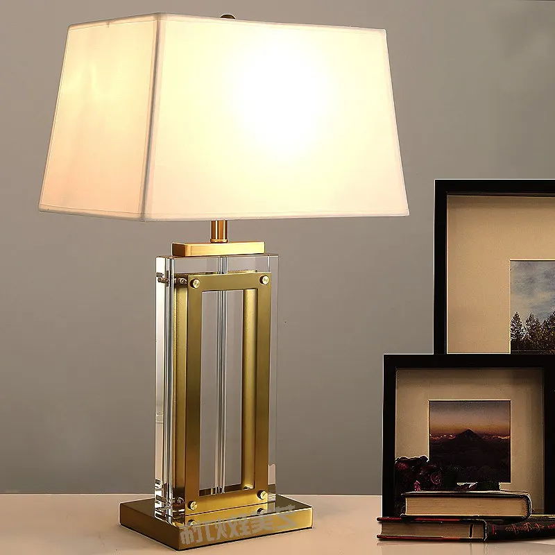 Gold Table Lamp For Living Room Bedroom Table Light Luxury Copper Crystal Lampara Study Rectangle Cloth Desk Lamp