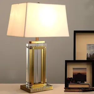 Altın masa lambası oturma odası yatak odası için masa lambası lüks bakır kristal Lampara çalışma dikdörtgen kumaş masa lambası