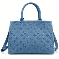 Geprägte Denim-Strukturierte Umhängetasche für Damen mit Reißverschluss, Wasserdicht, Große Kapazität, Mond-Stern-Monogramm-Design