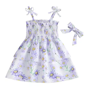 Moda floral bowknot suspensor vestido verão estilo ocidental menina princesa vestido + faixa de cabelo das crianças