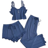 Set Piyama Wanita 3 Potong dengan Atasan Tanpa Lengan Berenda, Celana Pendek, dan Celana Panjang, Ukuran S-XL