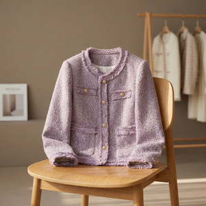 Vintage Purple Tweed Women's O-Neck Single-Breasted Cropped Jacket Korean Style Elegant Autumn Winter - Product Image 3