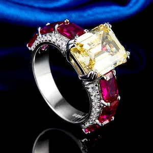 Mode 925 bague en argent sterling réglage rubis rouge zircone cubique bague en pierre jaune
