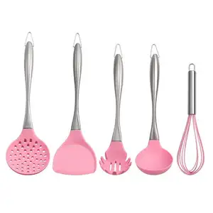 Professional manufacturer 5pc Pink Silicone Kitchen Utensils Set with Quality Stainless Steel Handle Kitchen Accessories Set